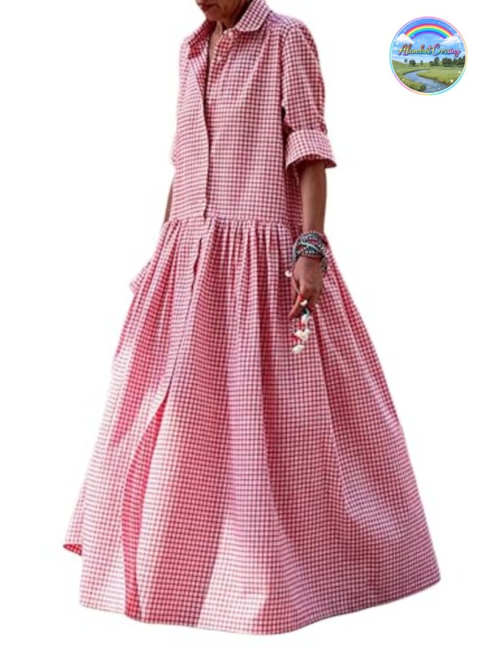 Retro Plaid Button Down Maxi Shirt Dress Long Sleeve Swing